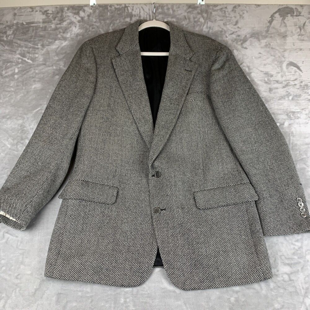Vtg Norm Thompson Blazer Men 44R Black‎ White Sport Coat Peruvian Alpaca (0702)